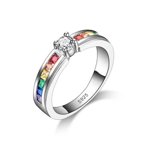 925 Silver Rainbow Crystal Rings Wedding Engagement Jewelry