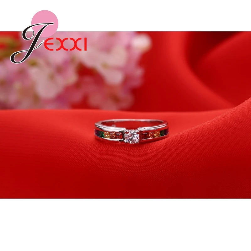 925 Silver Rainbow Crystal Rings Wedding Engagement Jewelry