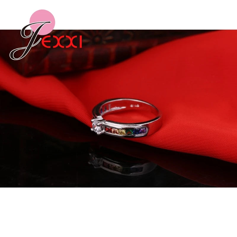925 Silver Rainbow Crystal Rings Wedding Engagement Jewelry