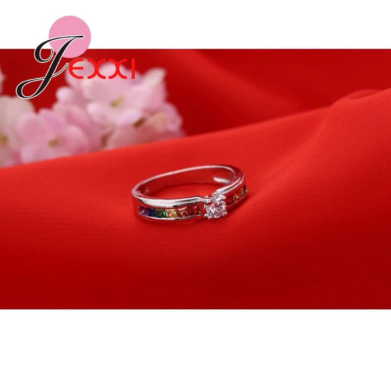 925 Silver Rainbow Crystal Rings Wedding Engagement Jewelry