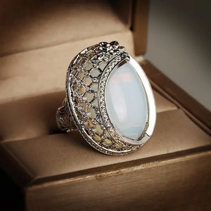 Vintage 925 Silver Opal & CZ Carving Ring for Women - Wedding Engagement Jewelry