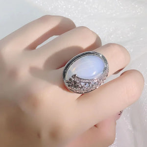Vintage 925 Silver Opal & CZ Carving Ring for Women - Wedding Engagement Jewelry