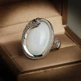 Vintage 925 Silver Opal & CZ Carving Ring for Women - Wedding Engagement Jewelry
