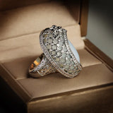 Vintage 925 Silver Opal & CZ Carving Ring for Women - Wedding Engagement Jewelry