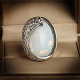 Vintage 925 Silver Opal & CZ Carving Ring for Women - Wedding Engagement Jewelry