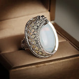 Vintage 925 Silver Opal & CZ Carving Ring for Women - Wedding Engagement Jewelry