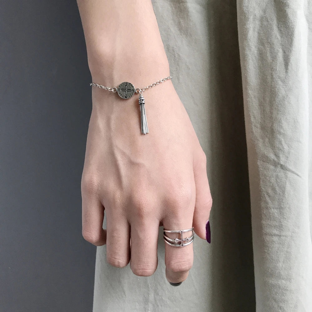 925 Silver Tassel Bead Bracelet Girls Compass Summer Jewelry