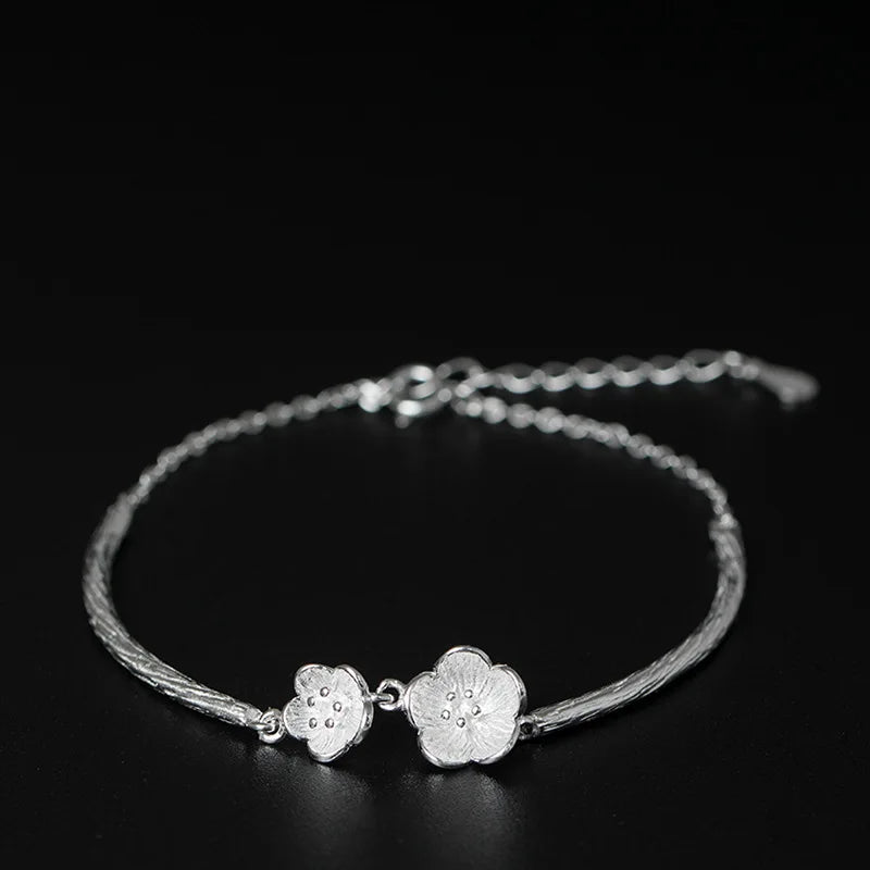 925 Sterling Twin Flowers Chain Bracelet Silver Adjustable