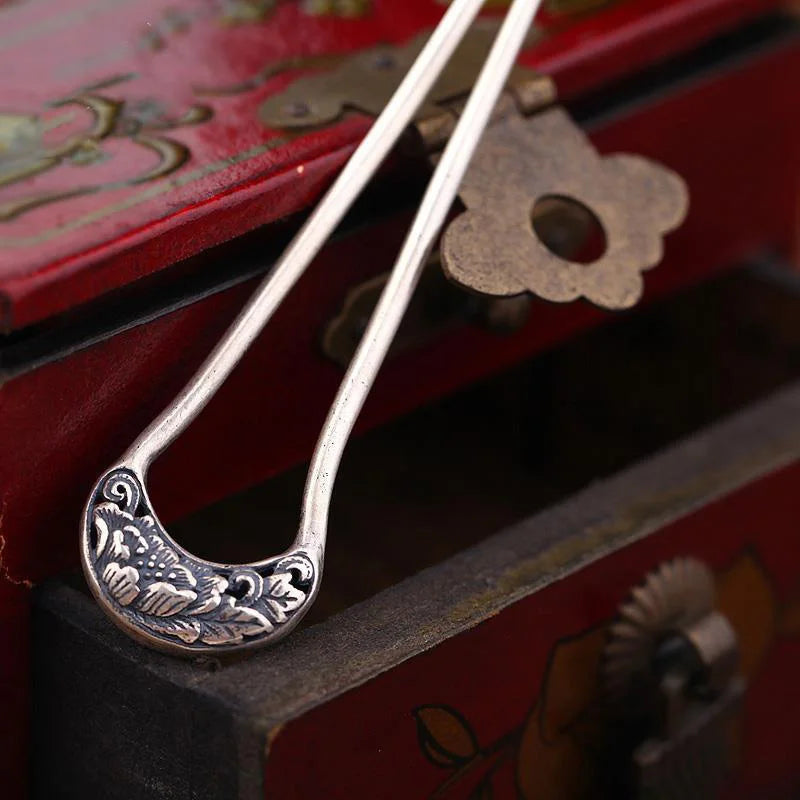 925 Thai silver peony hanfu hair accessory U-shaped Hairpin