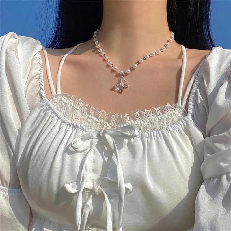 Vintage Butterfly Love Heart Angel Pearl Pendant Necklace