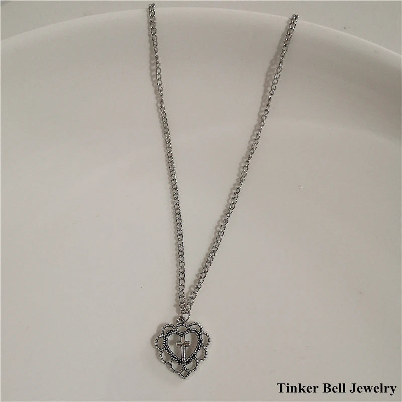 Vintage Butterfly Love Heart Angel Pearl Pendant Necklace
