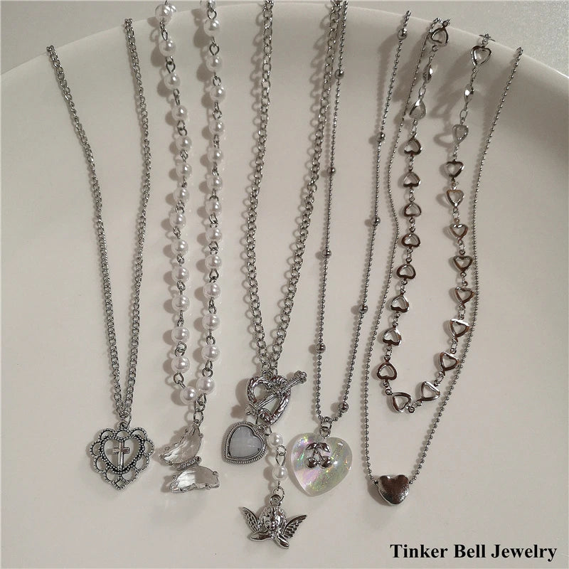 Vintage Butterfly Love Heart Angel Pearl Pendant Necklace