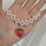 Vintage Strawberry Pendant Pearl Flower Choker Necklace Y2K Jewelry