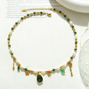Vintage Pearl Bead Chain Necklace with Zircon Pendant 316L Stainless Steel