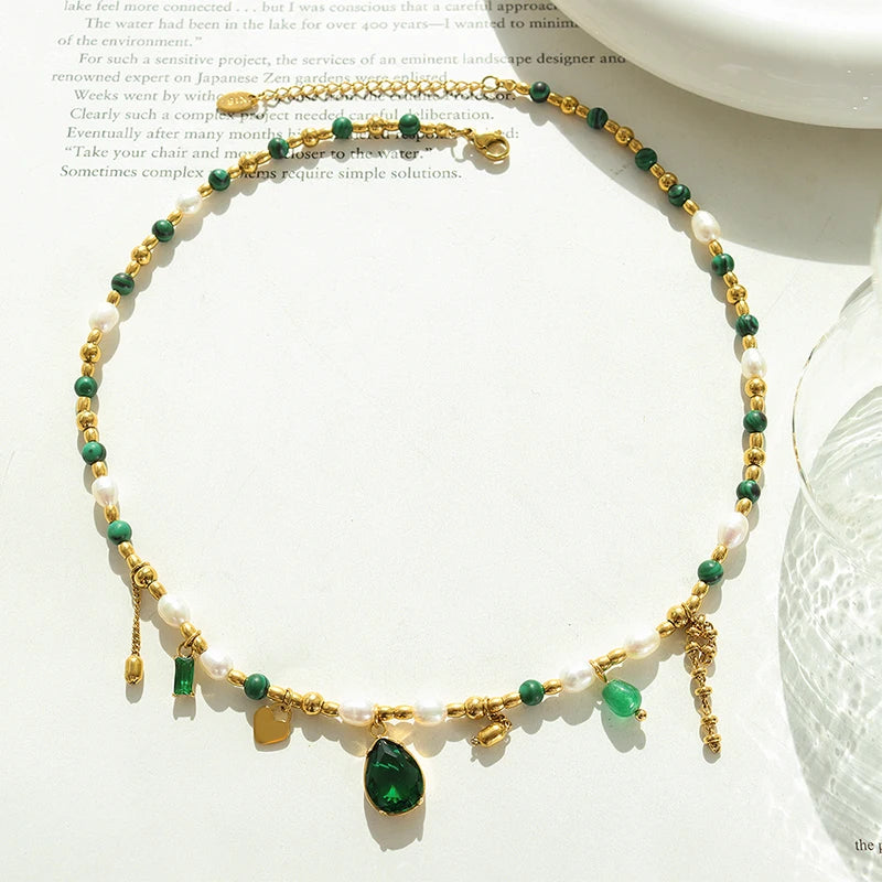 Vintage Pearl Bead Chain Necklace with Zircon Pendant 316L Stainless Steel