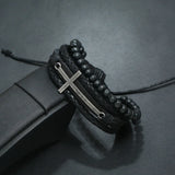 Vintage Alloy Cross Charm Leather Bracelet Multi-layer Braided Wood Bead