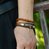 Vintage Alloy Cross Charm Leather Bracelet Multi-layer Braided Wood Bead