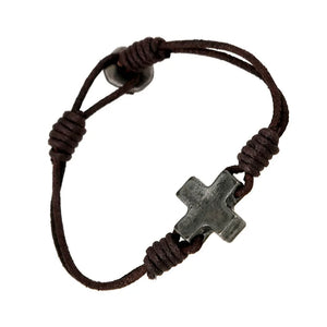 Vintage Alloy Cross Charm Leather Bracelet Multi-layer Braided Wood Bead