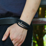 Vintage Alloy Cross Charm Leather Bracelet Multi-layer Braided Wood Bead