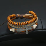Vintage Alloy Cross Charm Leather Bracelet Multi-layer Braided Wood Bead