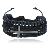 Vintage Alloy Cross Charm Leather Bracelet Multi-layer Braided Wood Bead
