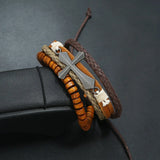 Vintage Alloy Cross Charm Leather Bracelet Multi-layer Braided Wood Bead