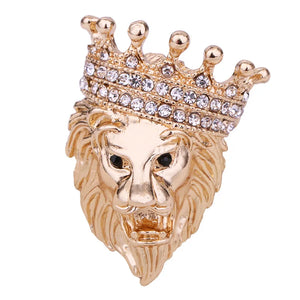 Vintage Lion Head Brooch Crystal Crown Lapel Pin Men Women Jewelry