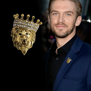 Vintage Lion Head Brooch Crystal Crown Lapel Pin Men Women Jewelry
