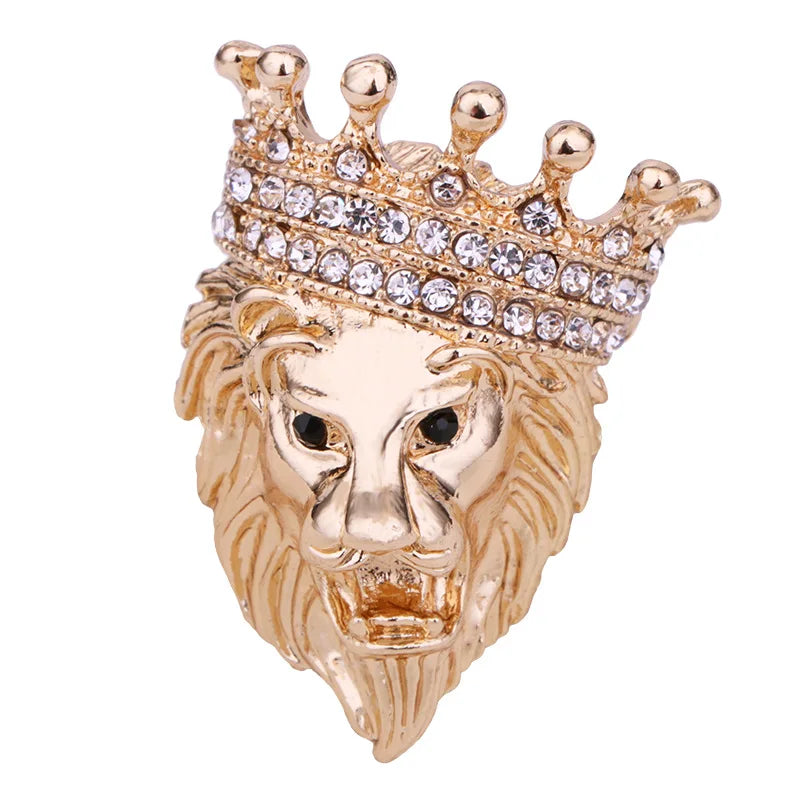 Vintage Lion Head Brooch Crystal Crown Lapel Pin Men Women Jewelry