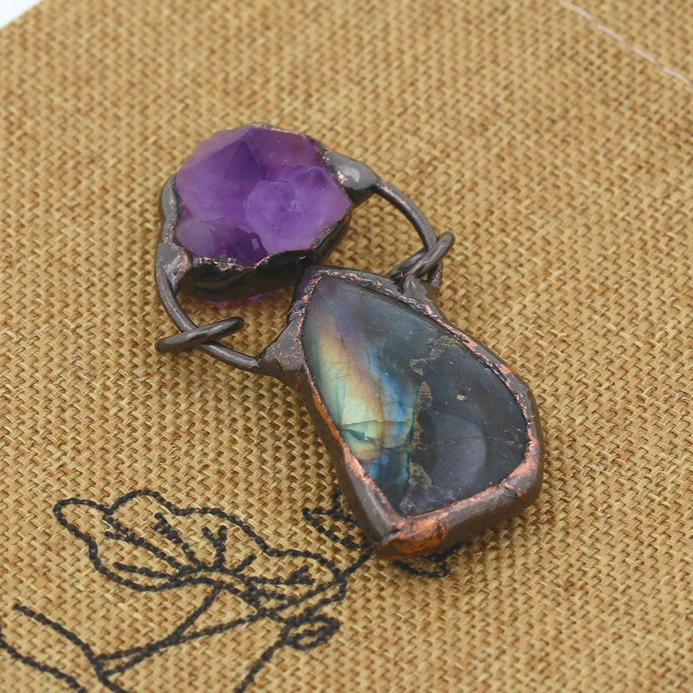Antique Brass Double Layer Raw Gemstone Druzy Pendant