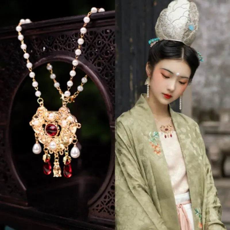 Vintage Chain Necklace Ruyi Simulated Pearl Pendant Hanfu Accessory