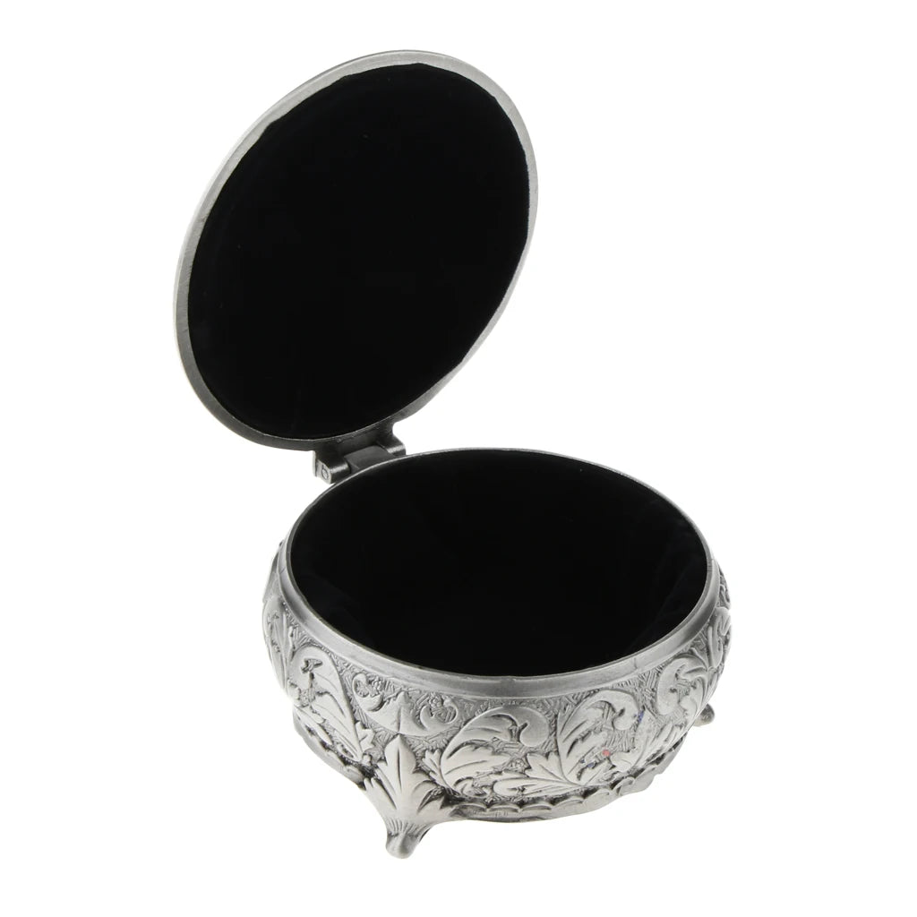 Vintage Flower Engraved Metal Jewelry Box Trinket Storage Case