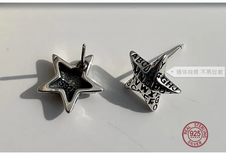 Vintage Antique Silver Star Earrings 925 Sterling Small Pentagram