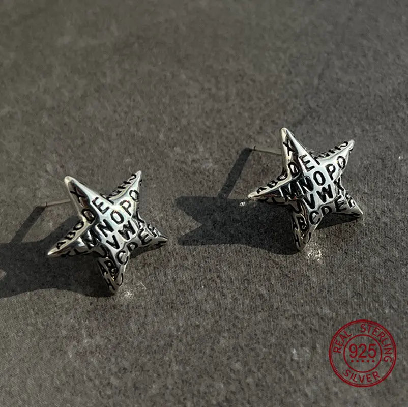 Vintage Antique Silver Star Earrings 925 Sterling Small Pentagram