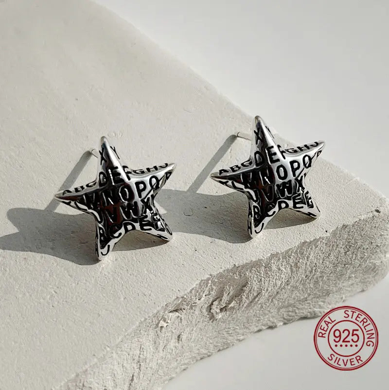 Vintage Antique Silver Star Earrings 925 Sterling Small Pentagram