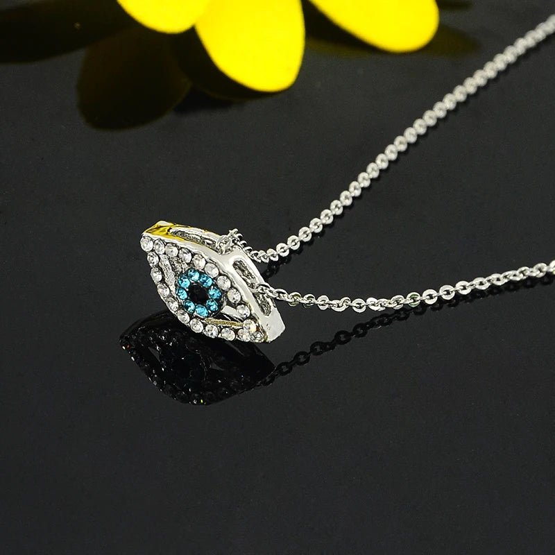 Vintage Arab Crystal Evil Eyes Pendants Necklace Luck Silver Chain Charm Necklac