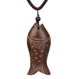 Vintage Leather Necklace Wood Fish Pendant Brown