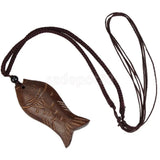 Vintage Leather Necklace Wood Fish Pendant Brown