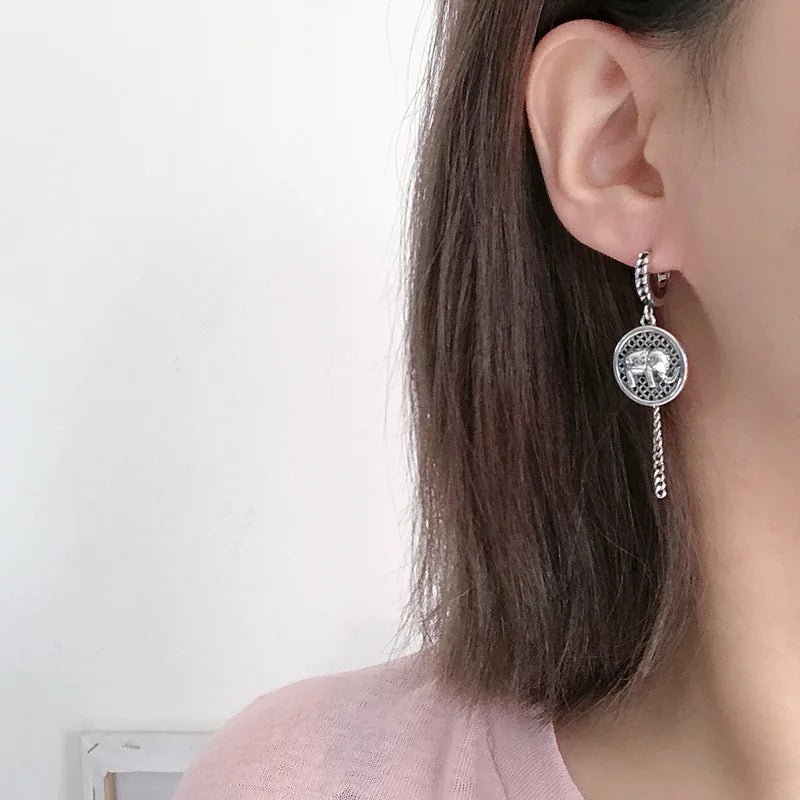 Vintage Asymmetric Elephant Silver Hoop Earring