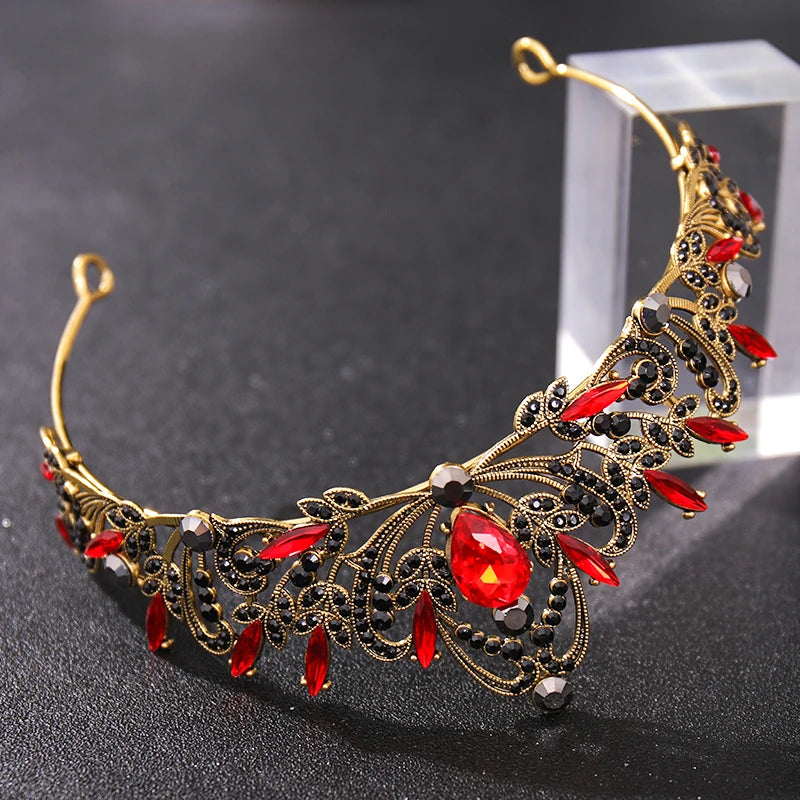Vintage Baroque Crystal Bridal Tiara Crown Red Rhinestone Hair Jewelry