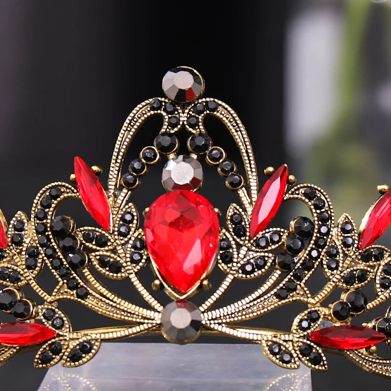 Vintage Baroque Crystal Bridal Tiara Crown Red Rhinestone Hair Jewelry