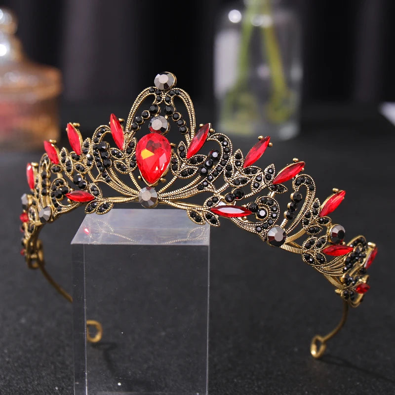 Vintage Baroque Crystal Bridal Tiara Crown Red Rhinestone Hair Jewelry