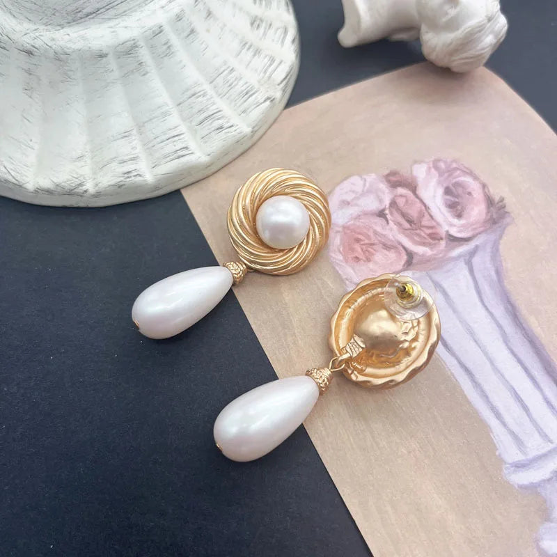 Vintage Baroque Earrings Teardrop Pearl Drop Brincos Textured Accessories