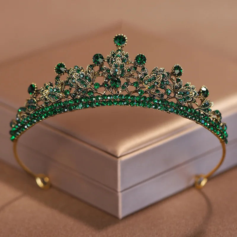 Vintage Baroque Green Crystal Crown for Women Wedding Tiara
