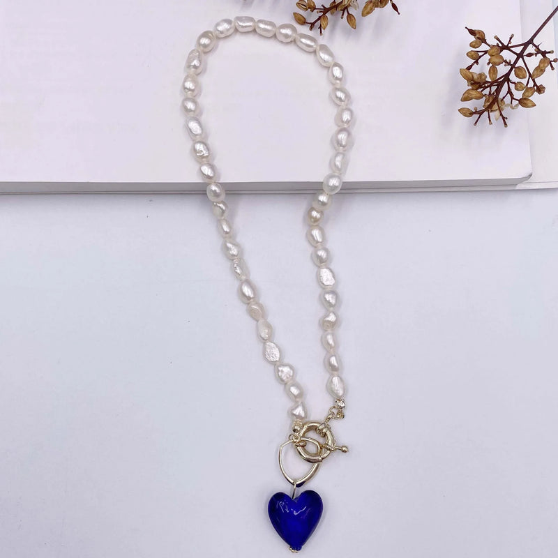 Vintage Baroque Pearl Necklace for Women Heart Linked Pendant Choker