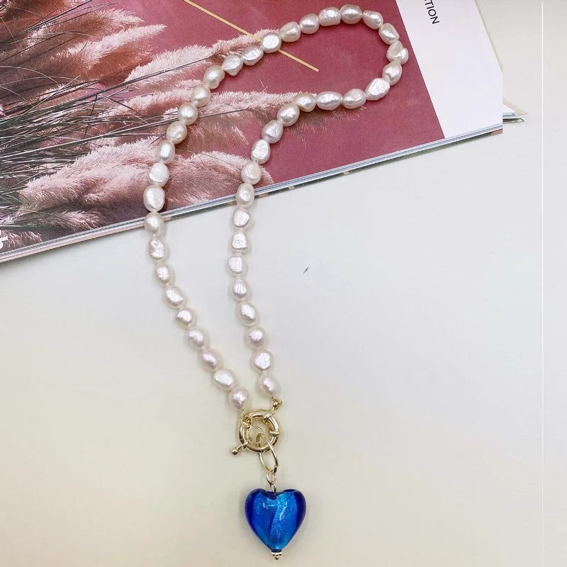 Vintage Baroque Pearl Necklace for Women Heart Linked Pendant Choker