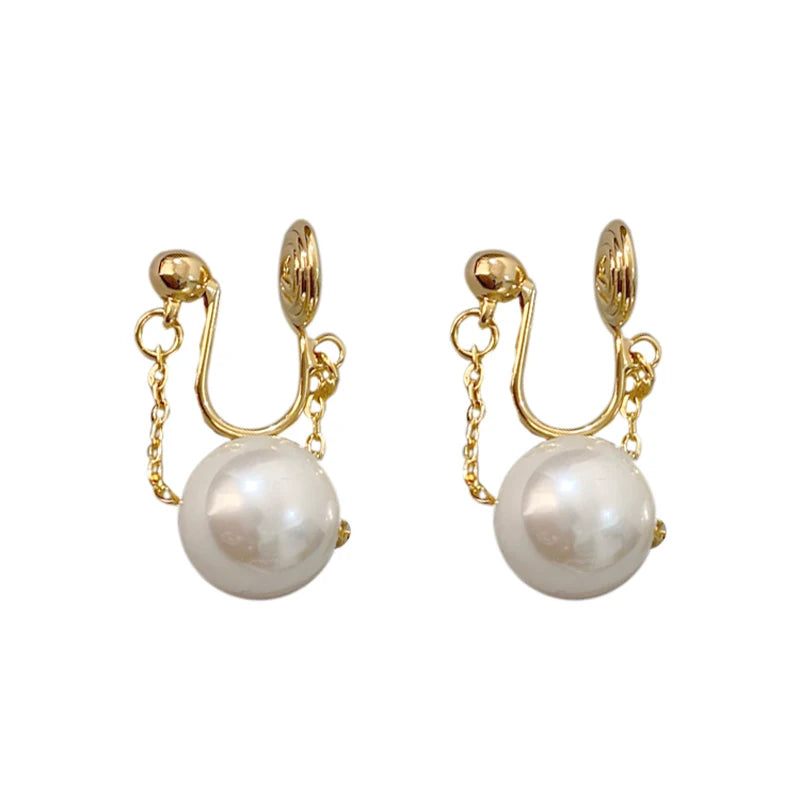Vintage Baroque Pearl Clip Earrings No Ear Hole Hanging Chain Drop