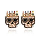 Baroque Pearl Earrings with Halloween Crown Skull Ear Studs