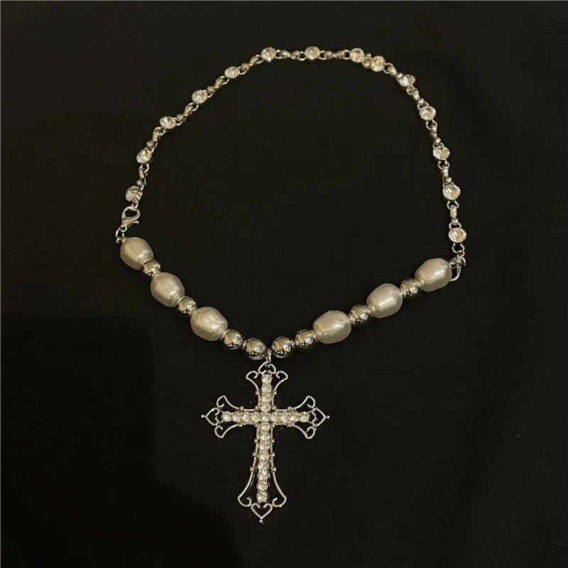 Vintage Pearl Diamond Cross Pendant Collarbone Chain Necklace