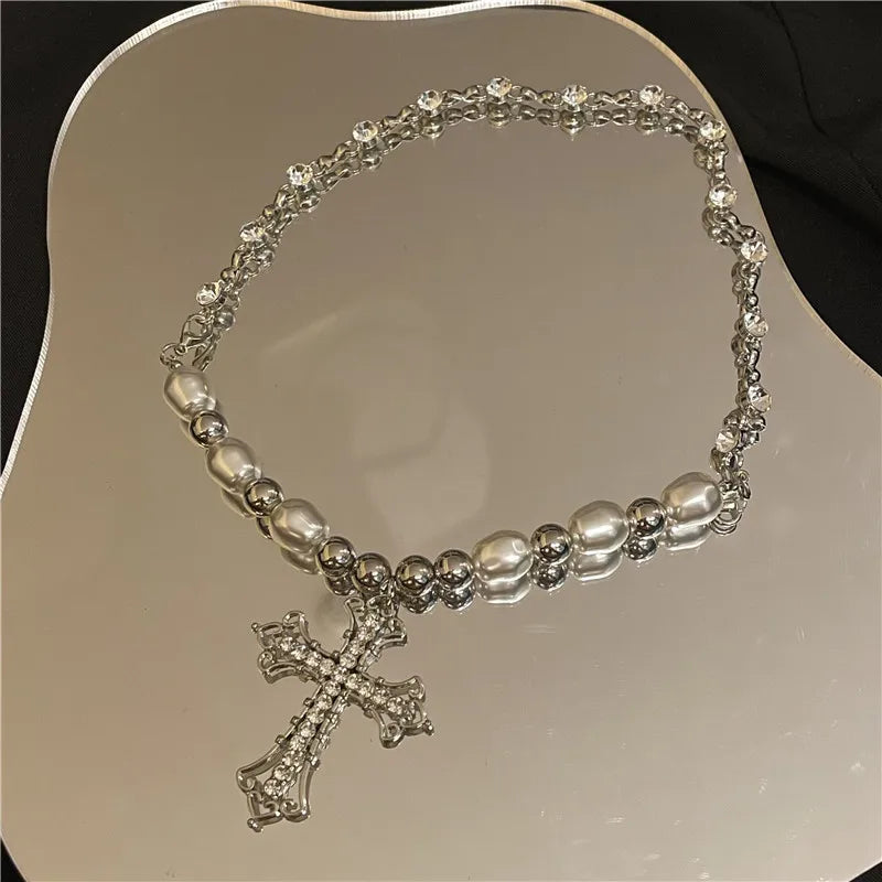 Vintage Pearl Diamond Cross Pendant Collarbone Chain Necklace